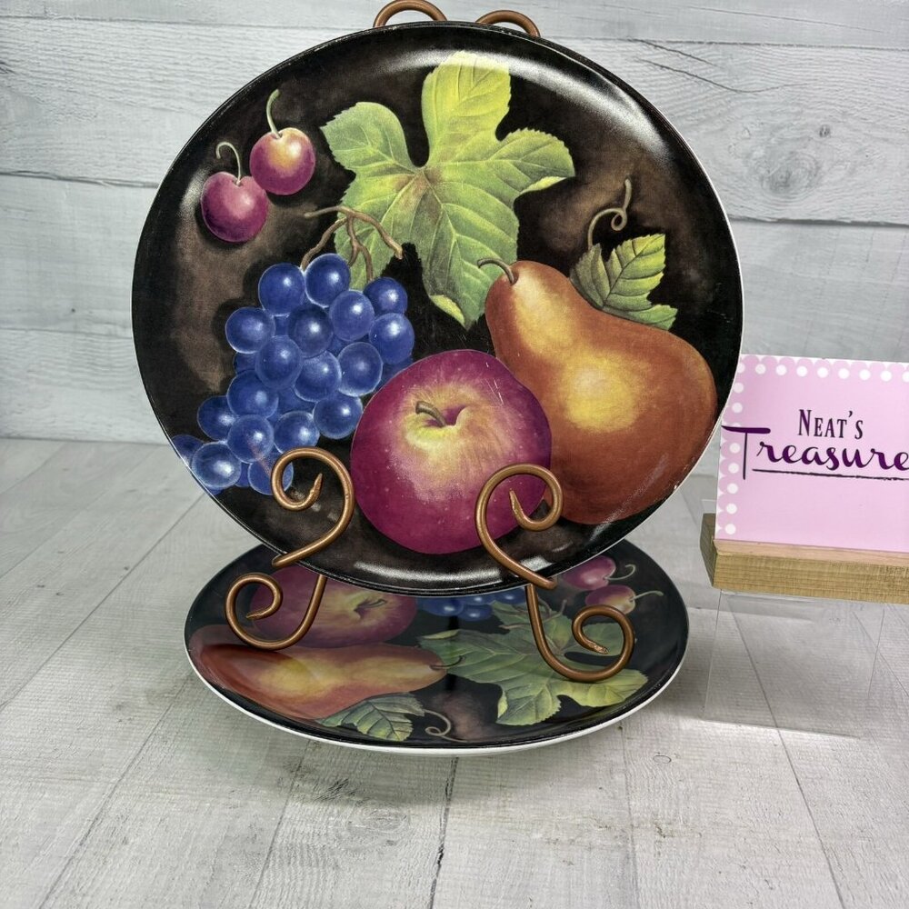 Furio Home EDEN Brown Fruit Apple Pear Cherries Coupe Smooth Dinner Plates Set 2